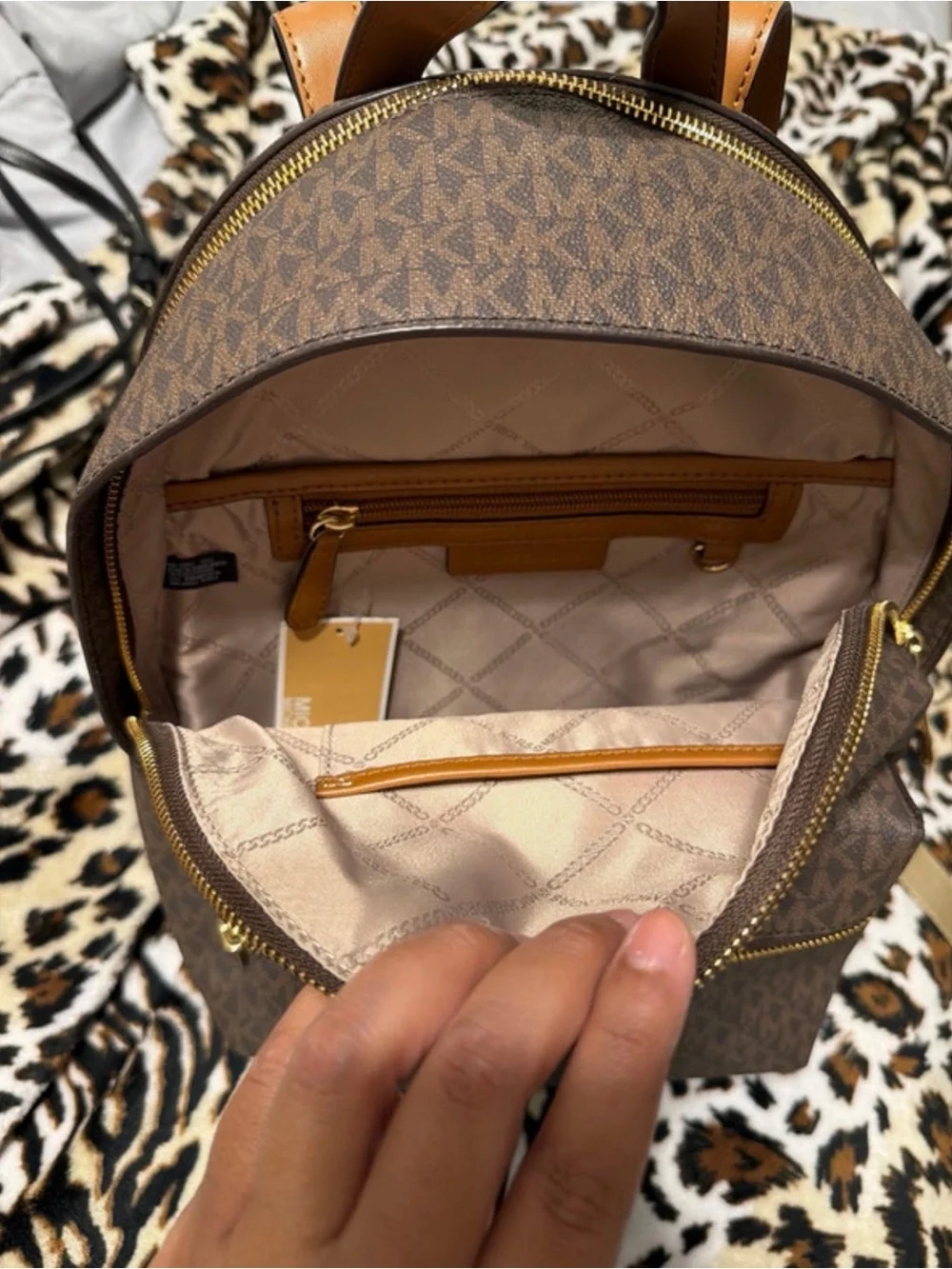 Michael Kors Brown Monogram Backpack with Tan Trim and Gold Hardware